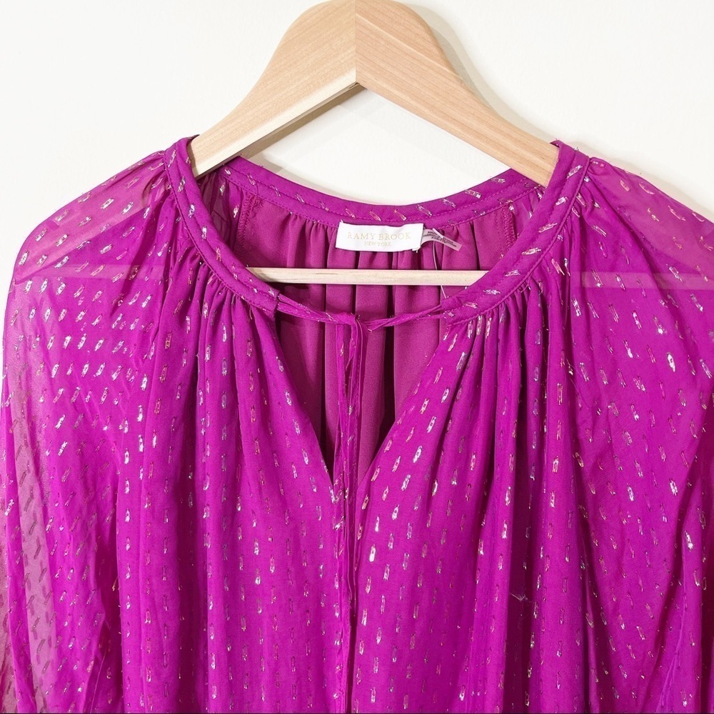Ramy Brook Deep Fuschia Anora Metallic Fleck Silk Balloon Sleeves Blouse XXS - Picture 4 of 10